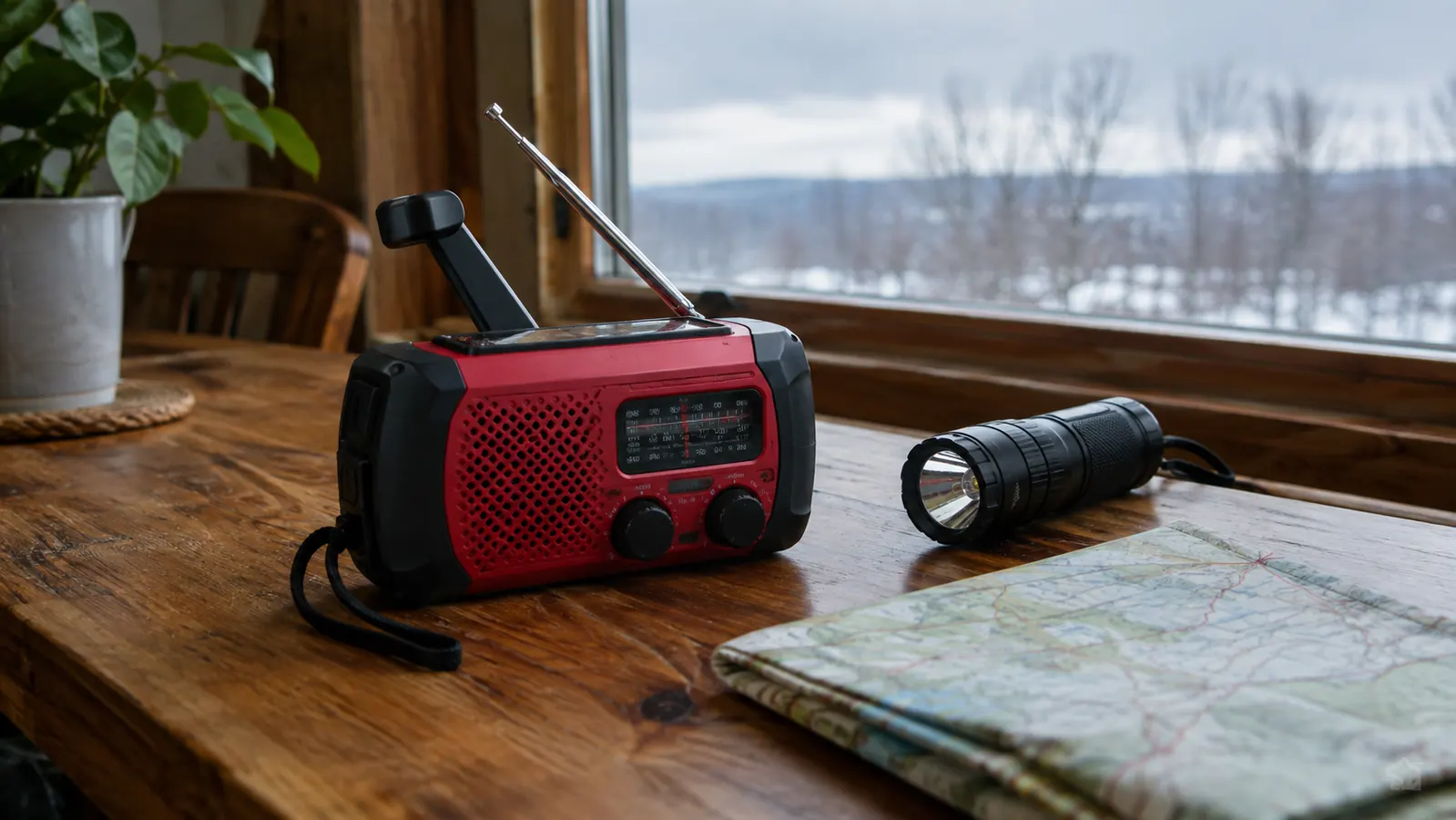 A hand-crank emergency radio on a wooden table beside a flashlight and a folded map, with a window showing a gray winter sky