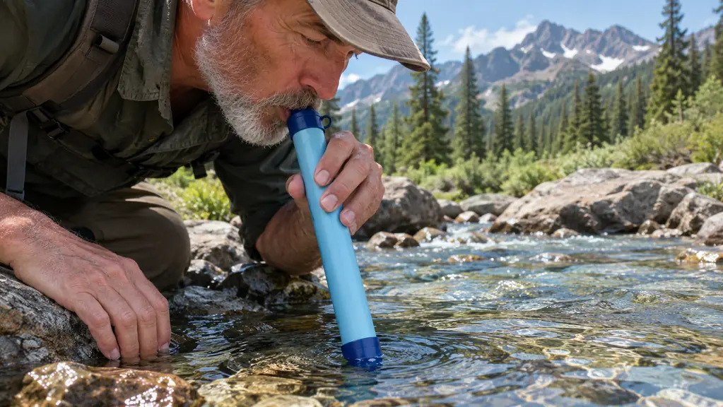 A hand holding the LifeStraw Personal water filter over a clear mountain stream, water flowing around it