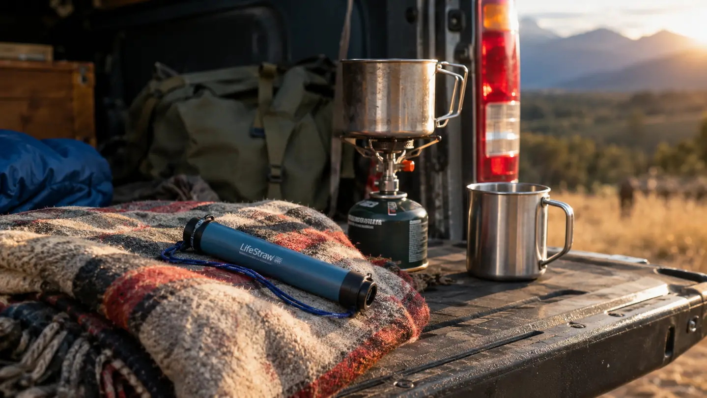 A small personal water filter lying on a folded wool blanket next to a camp stove and a stainless steel mug on the tailgate of an older SUV