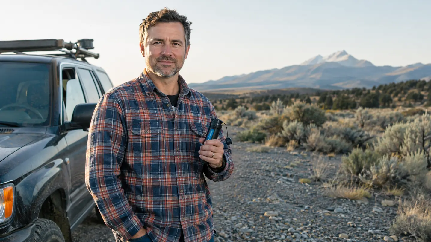 A retired man in a plaid shirt standing beside an older SUV on a gravel road, holding a small personal water filter