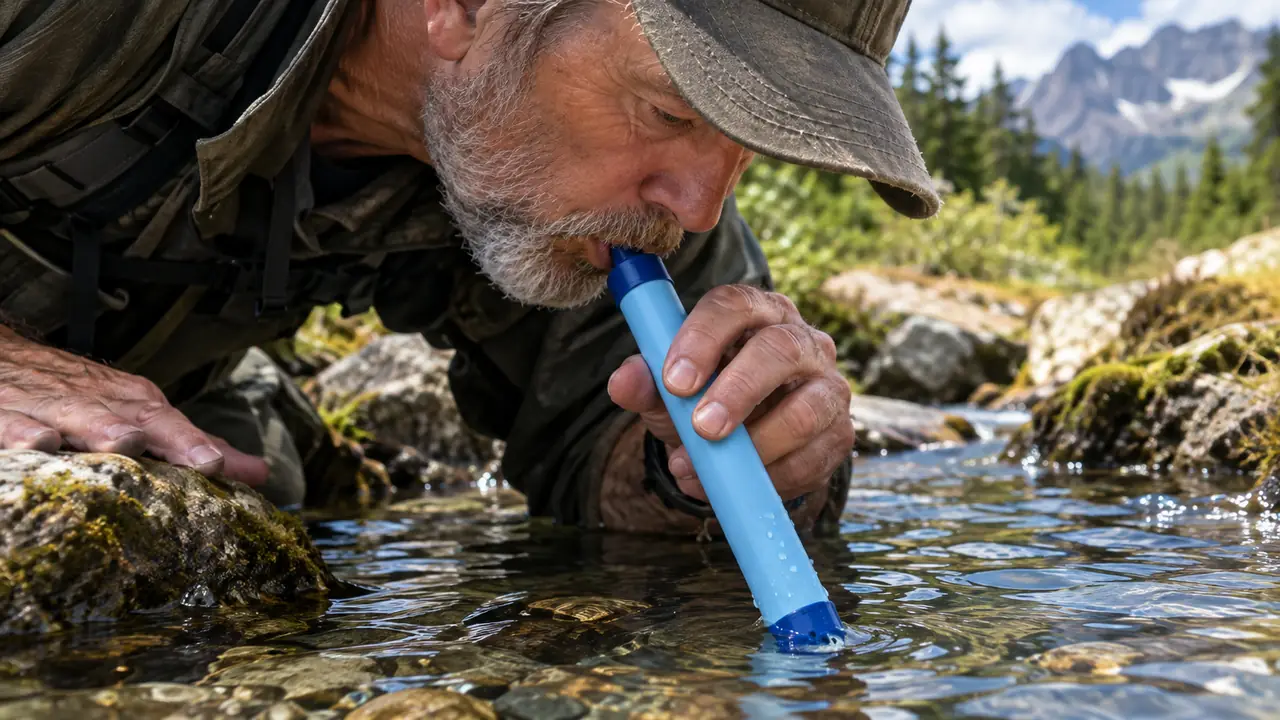 A hand holding the LifeStraw Personal filter up to a clear stream, drinking directly from the source