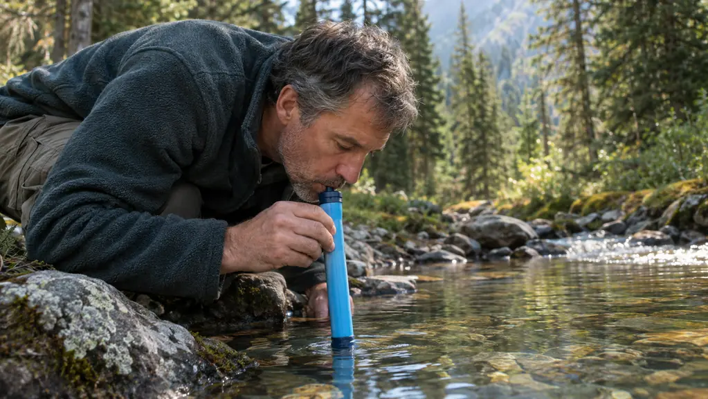 A hiker crouched at a clear mountain creek drinking through a slim blue personal water filter straw