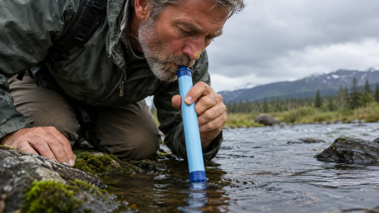 A hand holding a LifeStraw personal water filter and drinking directly from the mouthpiece at a stream edge