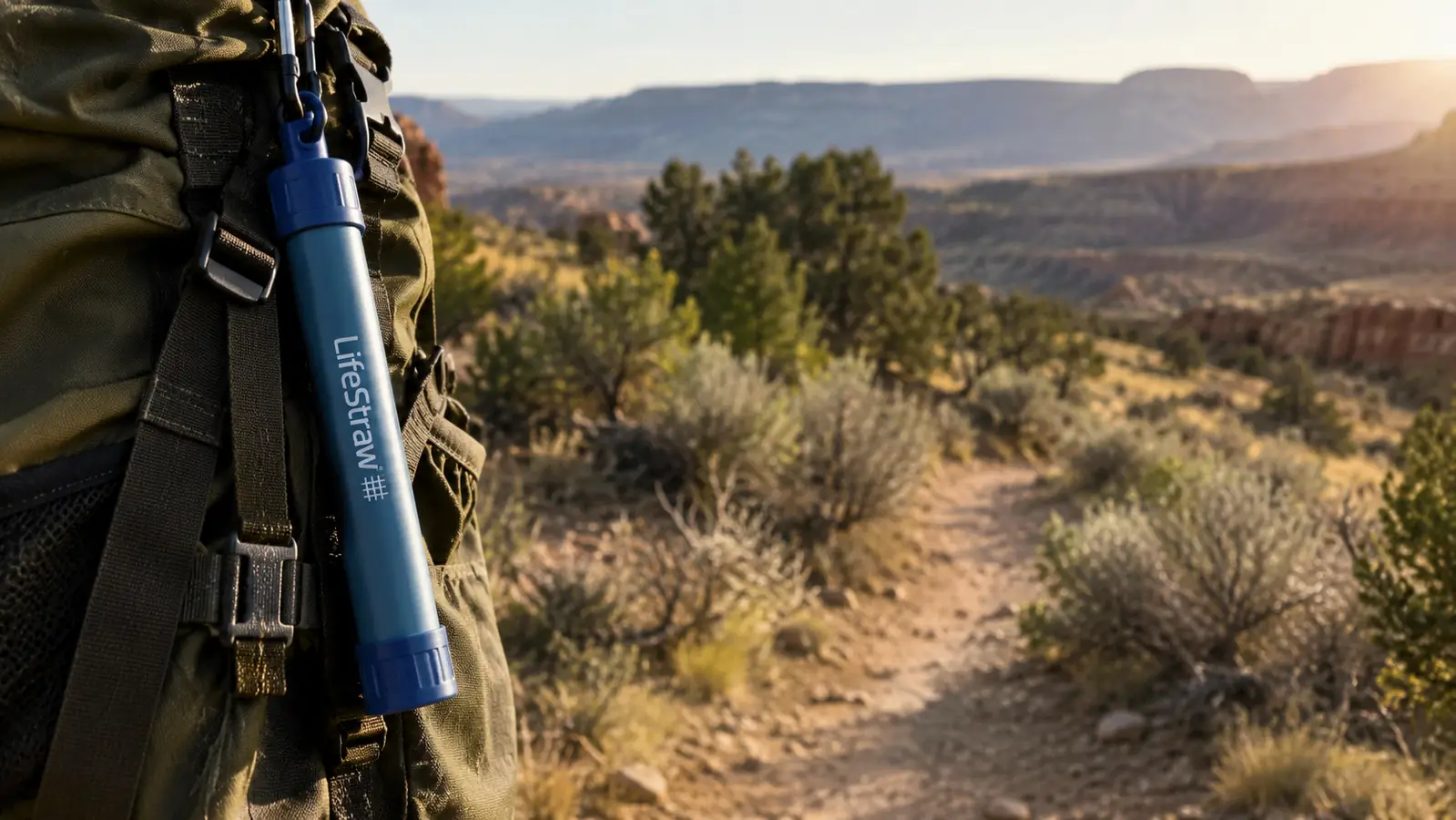 A LifeStraw personal water filter clipped to a backpack shoulder strap beside a dusty high desert trail