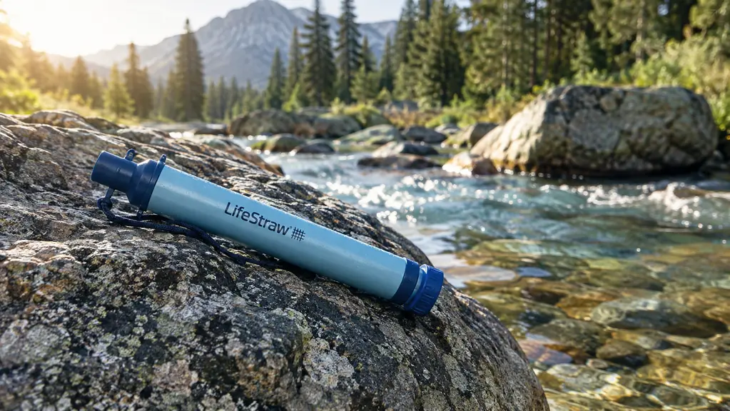 A LifeStraw personal water filter lying on a granite boulder beside a mountain stream in soft morning light