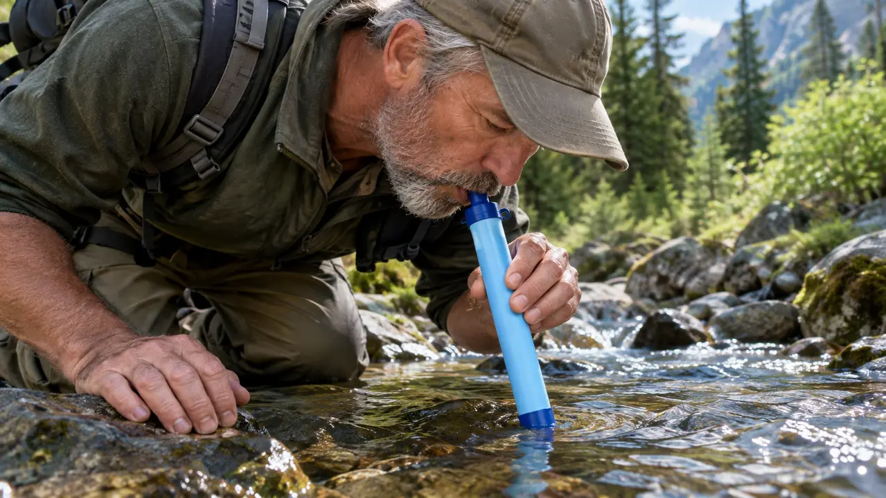 A person kneeling at a stream, drinking through a handheld water filter