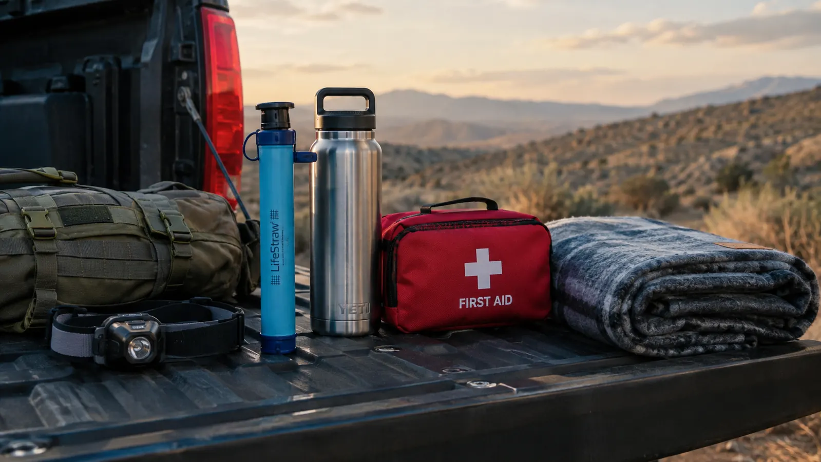 Vehicle emergency kit laid out on a tailgate with a water filter and a stainless steel water bottle