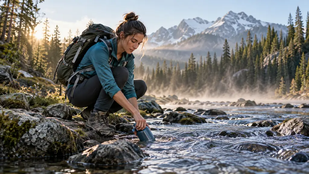 Hiker kneeling at a mountain stream to fill a water bottle at first light