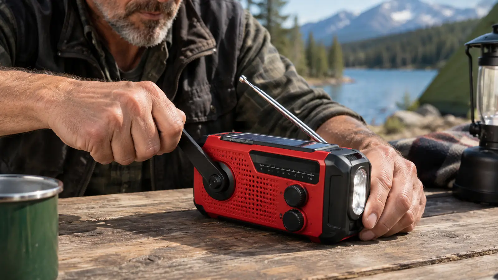 A hand turning the crank on a handheld emergency weather radio on a camp table