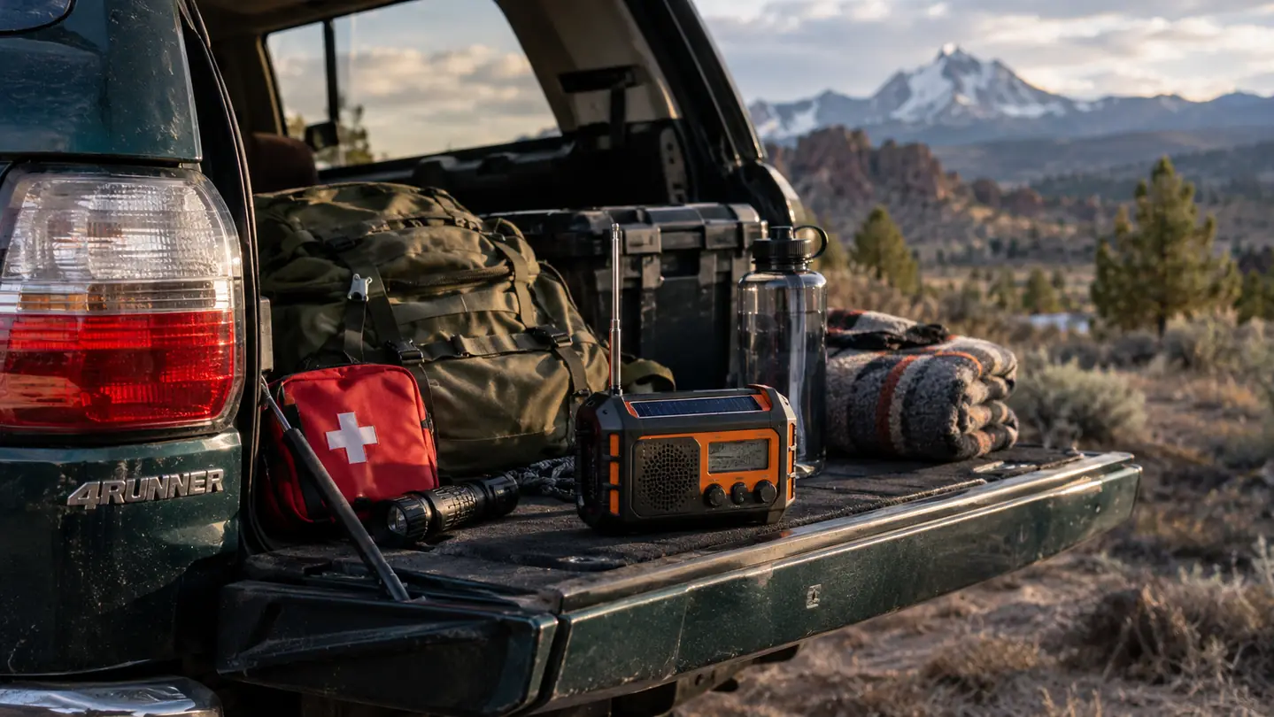 A vehicle emergency kit with a handheld weather radio on the tailgate of an older Toyota 4Runner in the high desert near Bend, Oregon