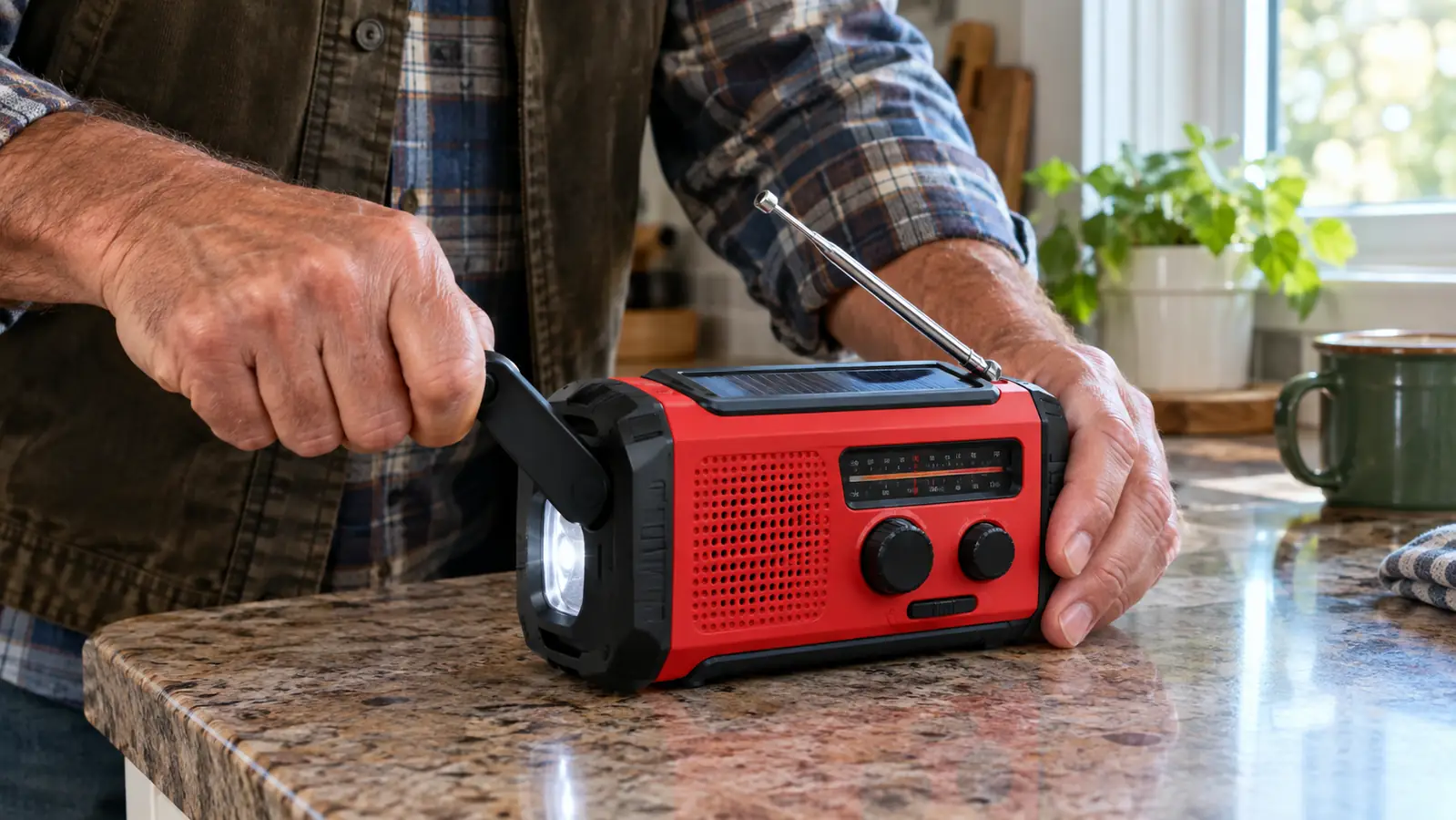 A hand turning the side crank of the emergency radio resting on a kitchen counter