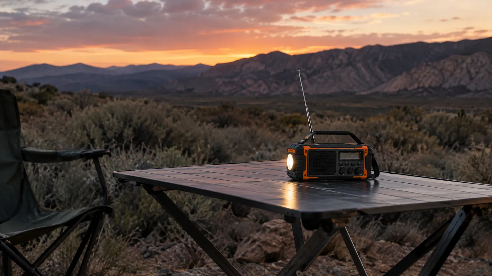 The emergency radio sitting on a camp table at dusk in the high desert with mountains behind it