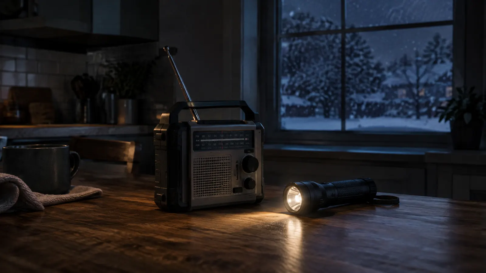 The emergency radio standing on a kitchen table beside a flashlight during a power outage, snow visible through the window