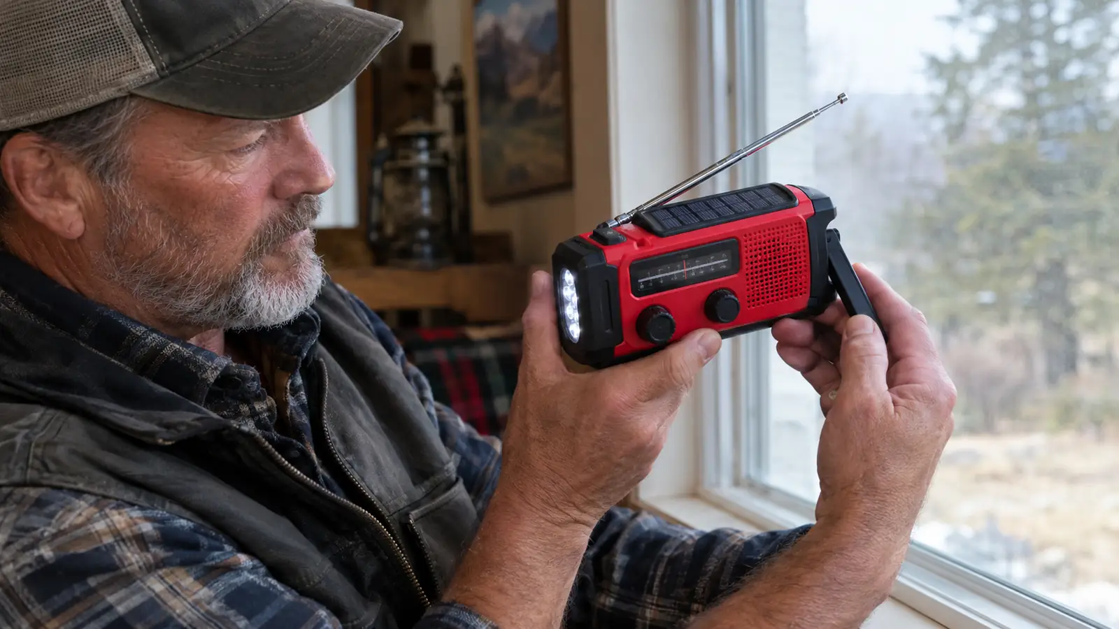 A person holding an emergency radio up near a window while checking the weather band