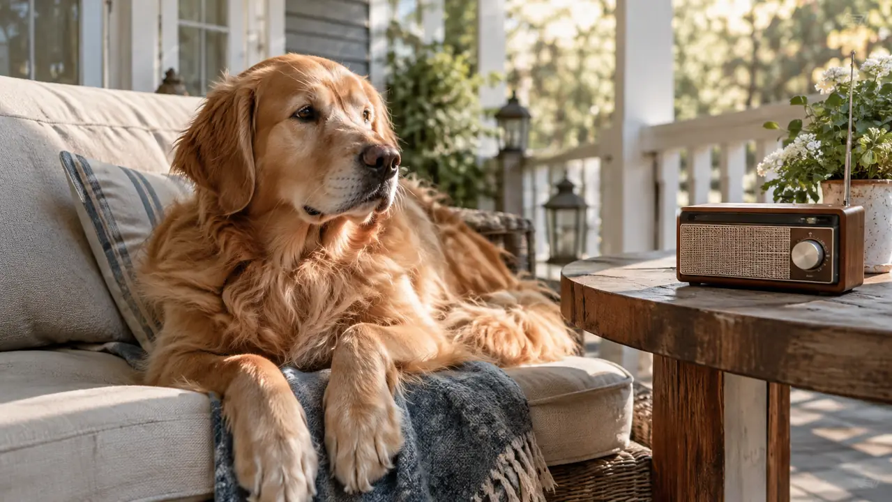 A large dog resting on a porch in morning light, with a radio on the table beside it