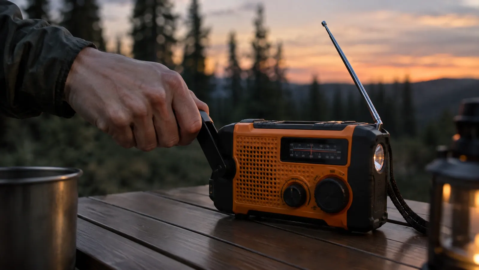 A hand turning the crank on an emergency radio on a camp table at dusk, with a treeline behind