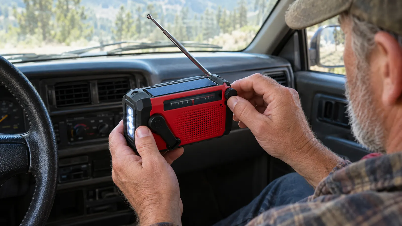 A hand holding an emergency weather radio while checking the NOAA weather band in a parked vehicle