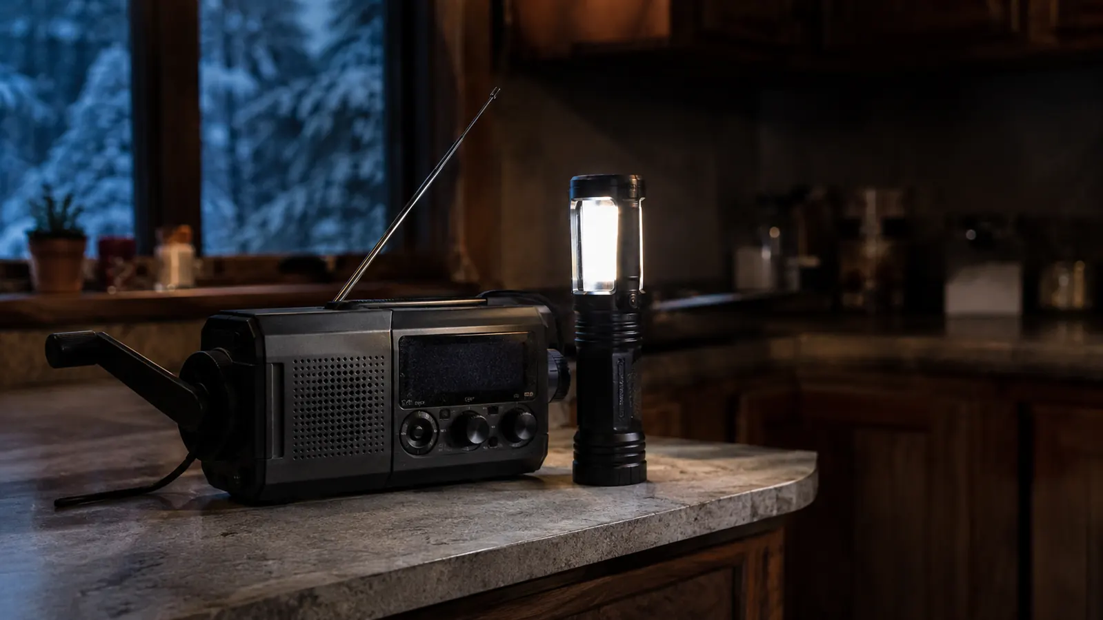 An emergency weather radio with a hand crank sitting on a kitchen counter beside a flashlight during a power outage