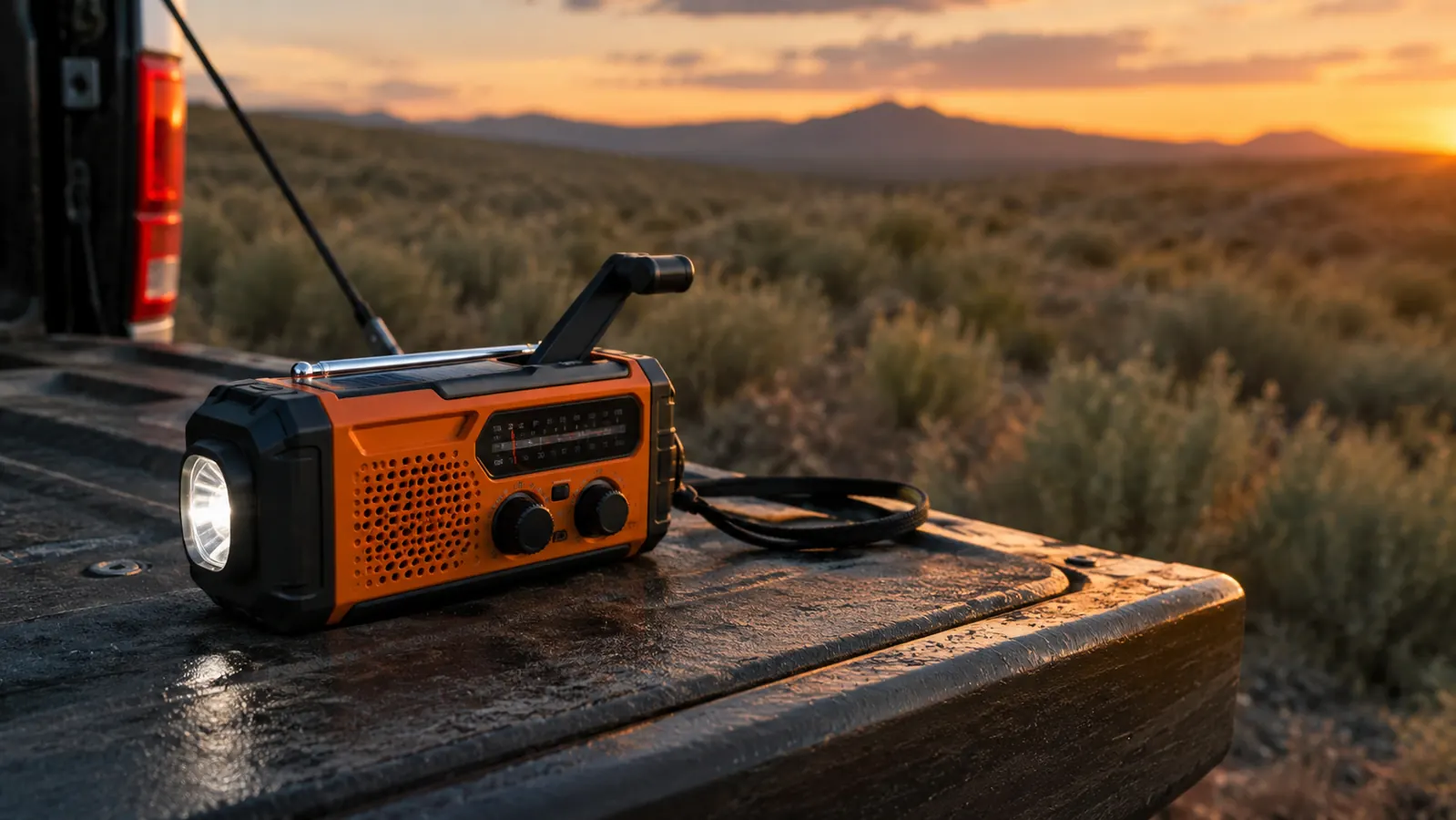 An emergency weather radio with a hand crank and flashlight sitting on a tailgate at dusk in the high desert