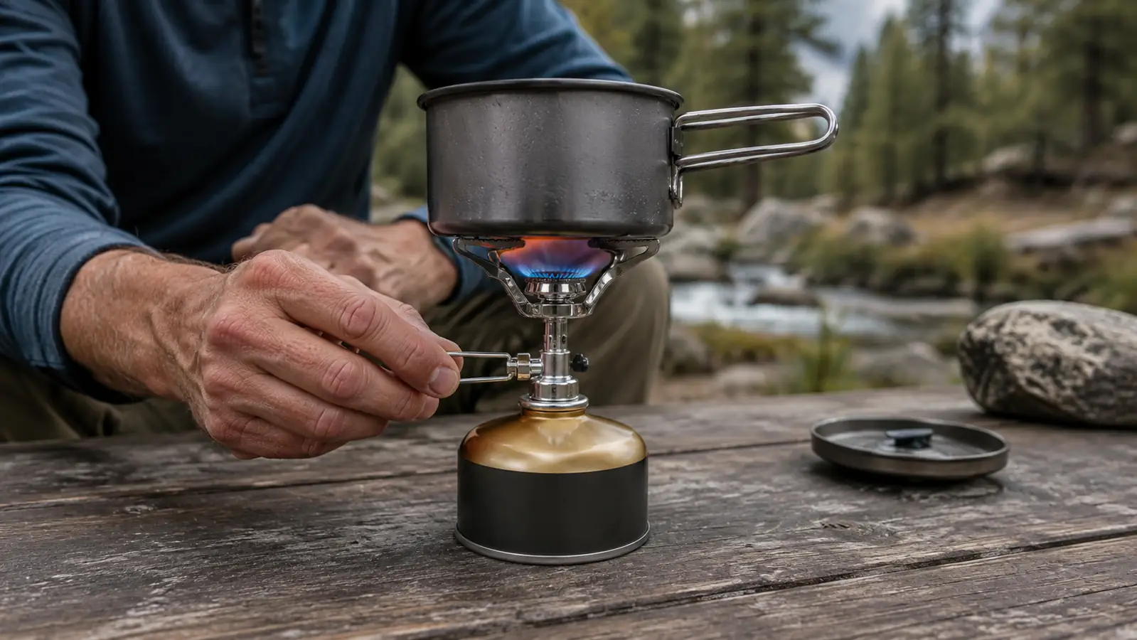 A hand adjusting the valve on a backpacking stove on a camp table