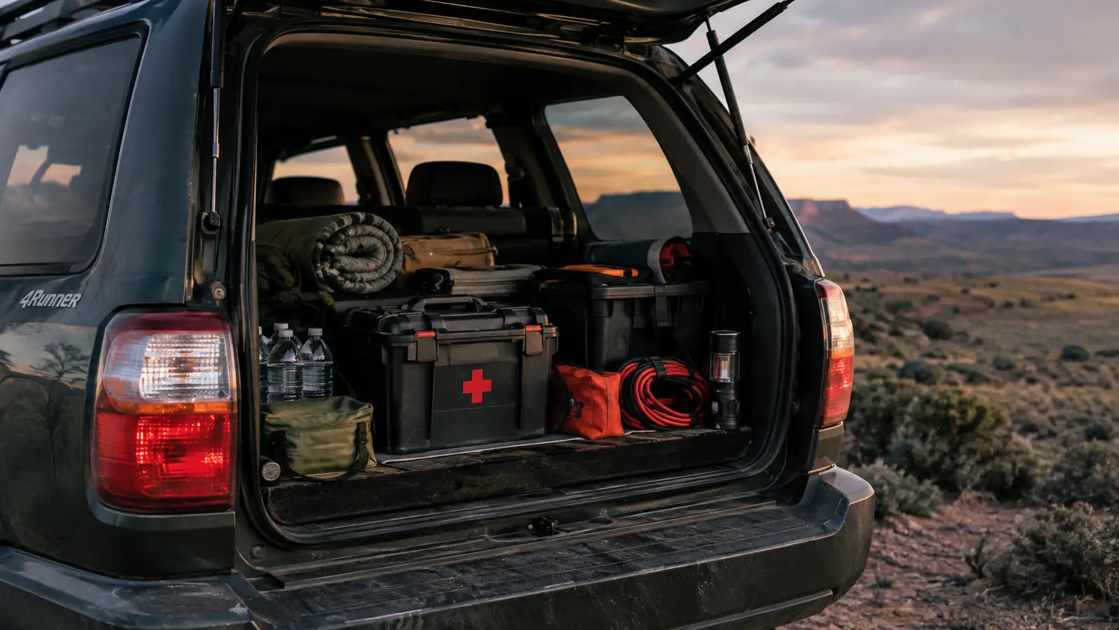 Open tailgate of an older Toyota 4Runner with a packed vehicle kit at dusk