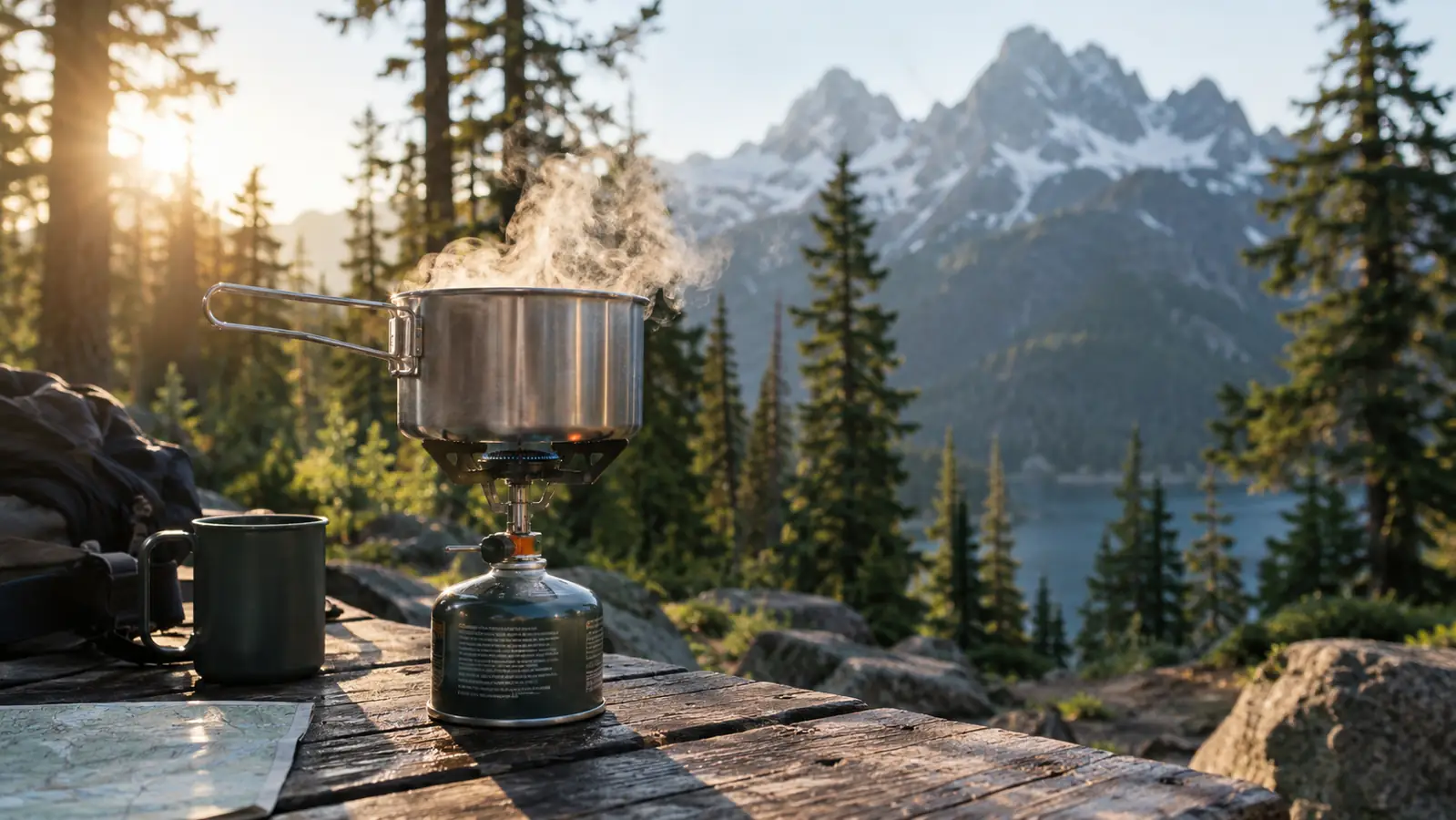 Backpacking stove and stainless steel pot on a camp table in the Cascades
