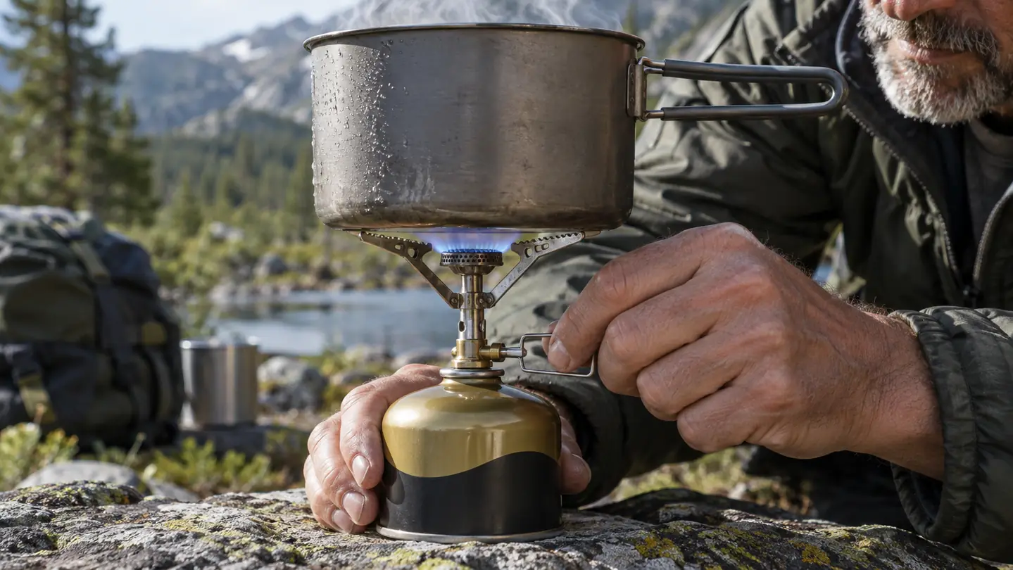 A hand turning the valve on a small backpacking stove while a pot of water sits above it