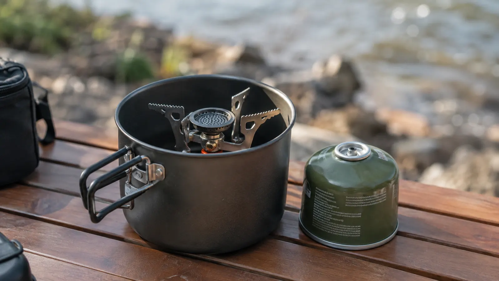 A small backpacking stove packed inside a pot with a fuel canister beside it on a camp table