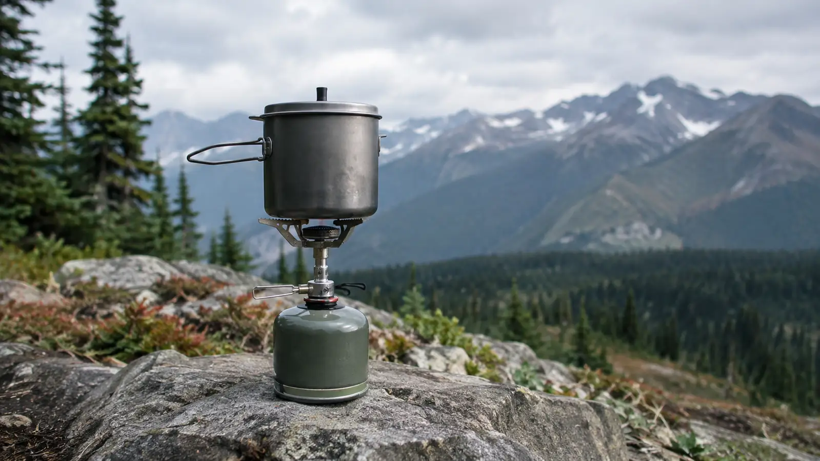 A small backpacking stove set on a flat rock beside a stainless pot, with a treeline and overcast sky behind it