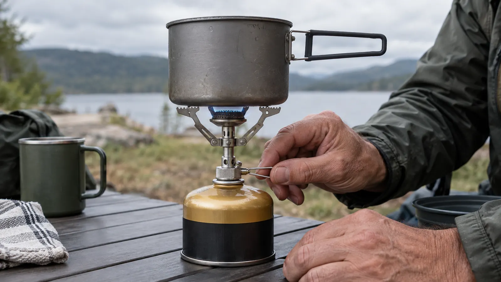A hand turning the valve on a small backpacking stove while a pot of water sits above it on a camp table