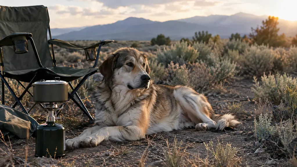 A large dog resting on the ground beside a camp chair and a small stove, late afternoon light in the high desert