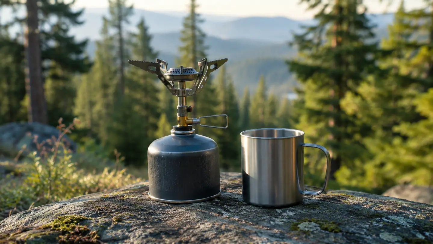 A small backpacking stove sitting on a flat rock beside a metal camp mug, with pine trees in soft morning light