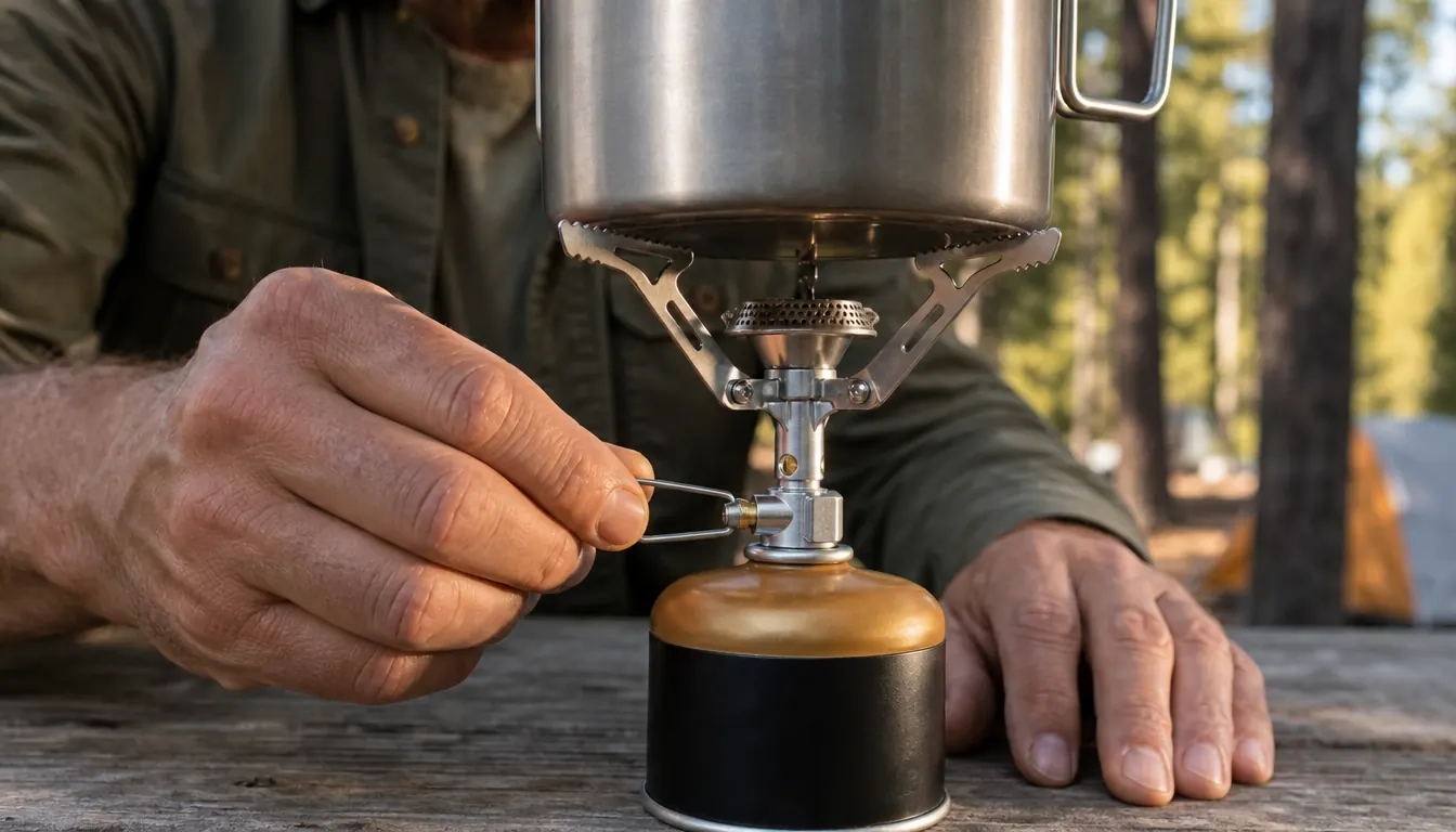 A hand adjusting the valve on a small backpacking stove beneath a pot at a campsite table