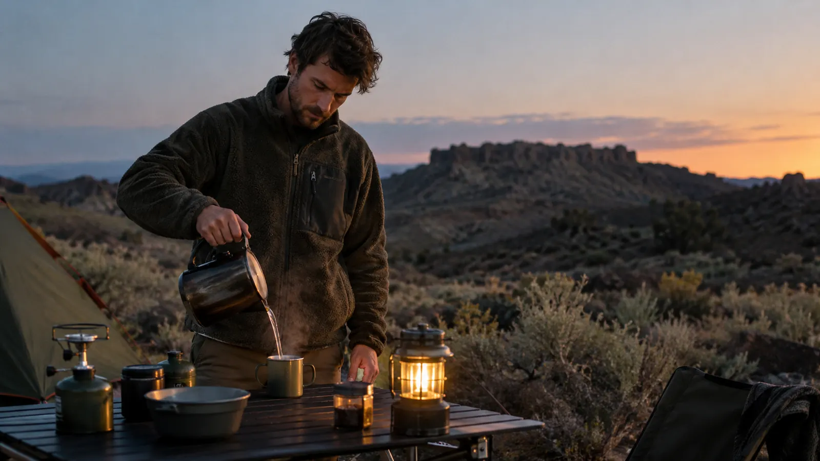 A camper pouring steaming water from a pot into a mug at a camp table at dusk