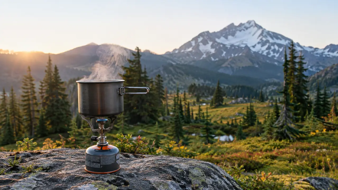 A small backpacking stove with a metal pot on top, set on a flat rock at a mountain campsite in the early morning